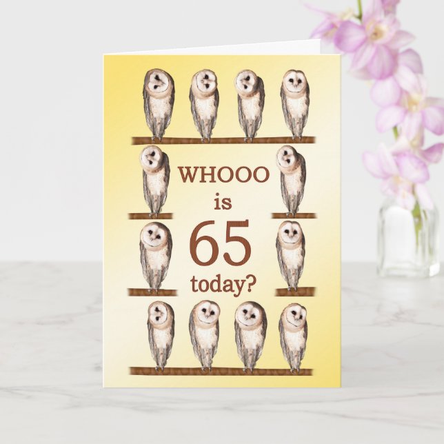 Tarjeta Cumpleaños 65, búhos curiosos (Orquídea)
