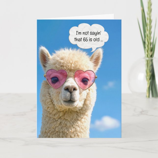 Tarjeta Cumpleaños 65 de alpaca con gafas rosadas en forma (Anverso)