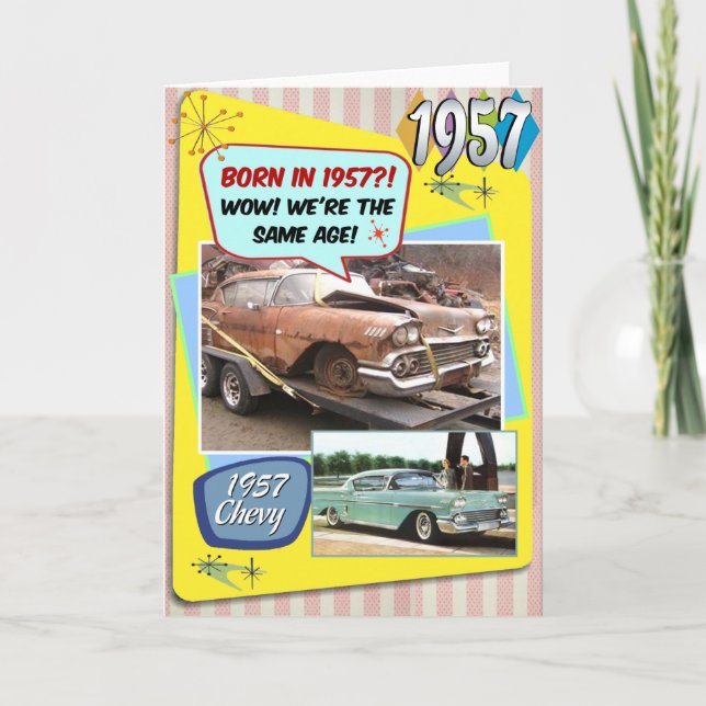 Tarjeta ¡Cumpleaños 65! ¡Guau, la misma edad que este Chev (Anverso)