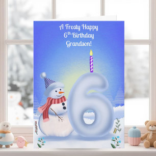 Tarjeta Cumpleaños 6to del nieto Muñeco de nieve Nevado 