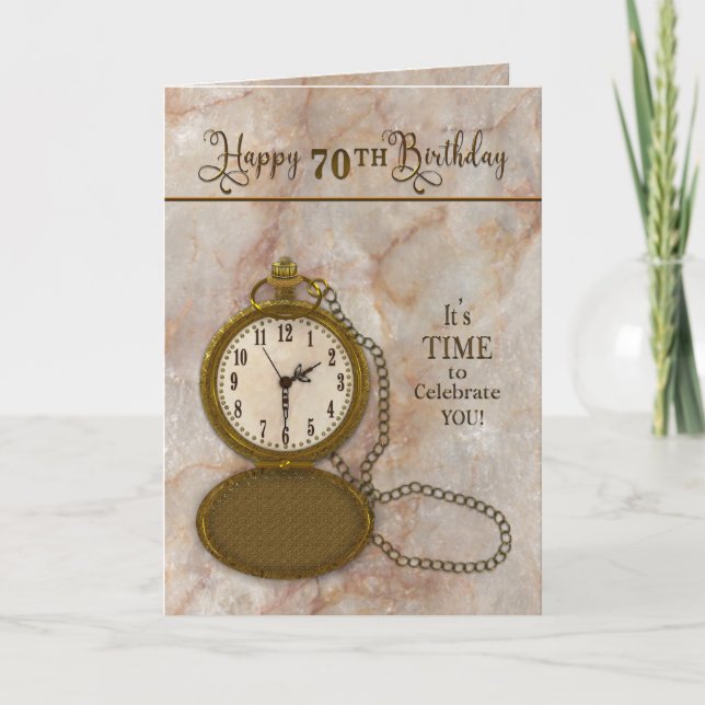 Tarjeta Cumpleaños 70.º reloj de bolsillo y cadena (Anverso)