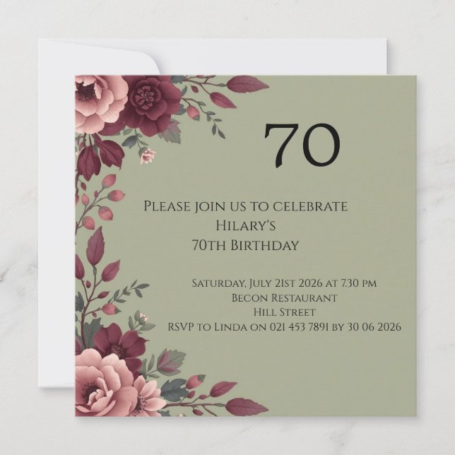 Tarjeta Cumpleaños 70 de Lujo Floral Oscuro (Anverso)