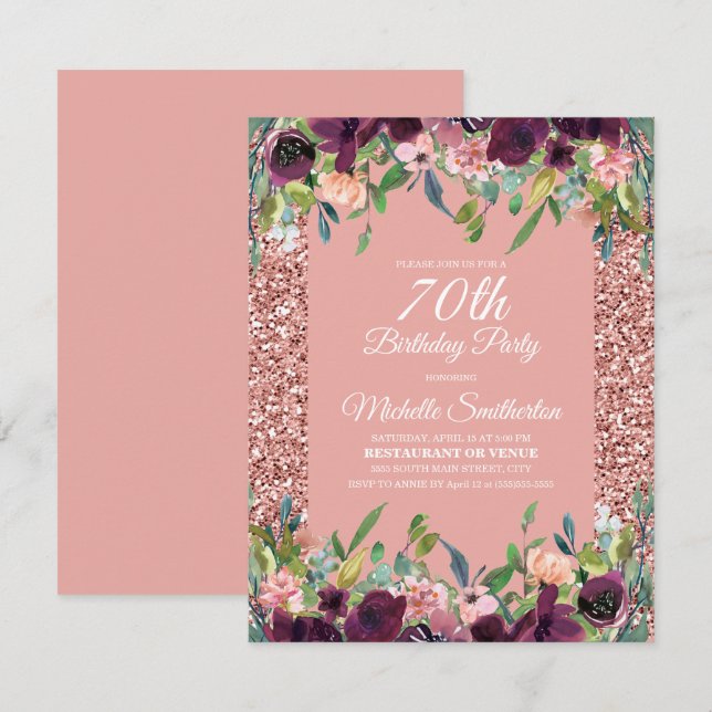 Tarjeta Cumpleaños 70 en Purpura Floral Brillo Rosa (Anverso / Reverso)