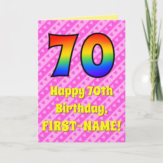 Tarjeta Cumpleaños 70: Rayas rosas y corazones, Arcoiris # (Anverso)