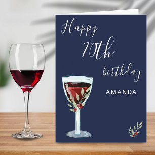 Tarjeta Cumpleaños 70 Rojo Vino Rosa Acuarela Azul Marino