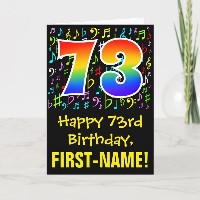 Tarjeta Cumpleaños 73: Símbolos musicales coloridos + Arco (Anverso)