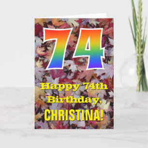 Tarjeta Cumpleaños 74; Hojas de otoño rústicas; Arcoiris "