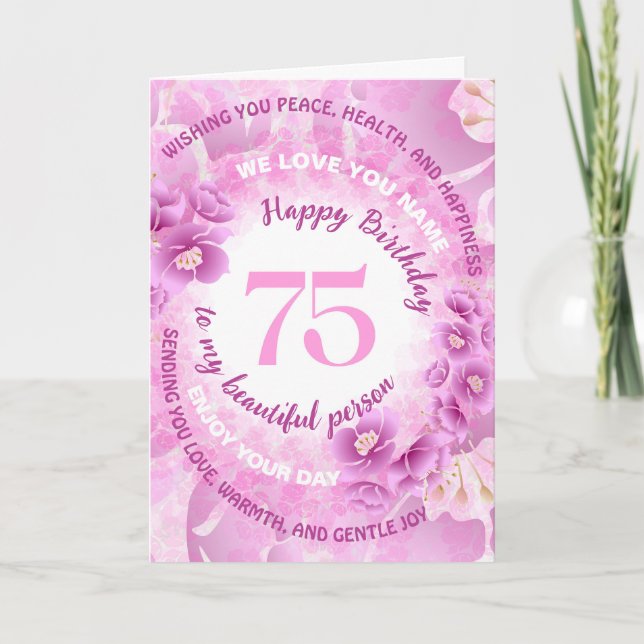 Tarjeta Cumpleaños 75 con Flor de Cerezo Rosa (Anverso)