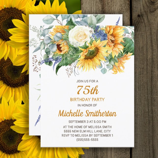 Tarjeta Cumpleaños 75 de Girasol Eucalipto Floral (Sunflowers and eucalyptus 75th birthday party invitation, customized with your text)