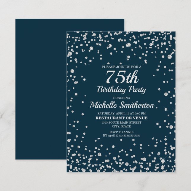 Tarjeta Cumpleaños 75 de mujer azul marino con brillo plat (Anverso / Reverso)