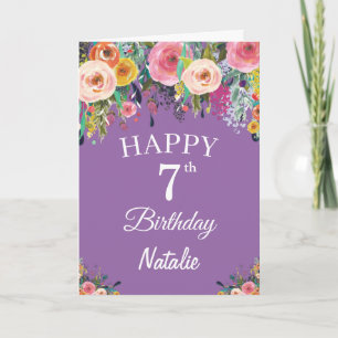 Tarjeta Cumpleaños 7 AñOS Acuarela Floral Flores Púrpura