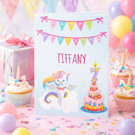 Tarjeta Cumpleaños 7 de Unicornio Hermoso Azul