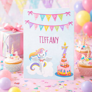 Tarjeta Cumpleaños 7 de Unicornio Hermoso Azul