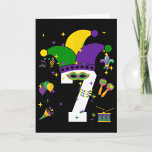 Tarjeta Cumpleaños 7 Mardi Gras Temático 7 Años Niño Ki