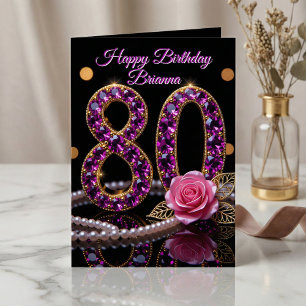 Tarjeta Cumpleaños 80 Elegante Púrpura Amatista Joya Oro