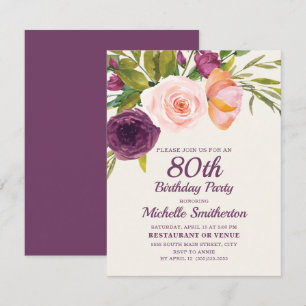 Tarjeta Cumpleaños 80 en Rosa Floral Púrpura Borgoña