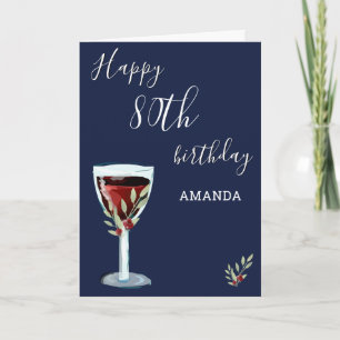 Tarjeta Cumpleaños 80 Rojo Vino Rosa Acuarela Azul Marino