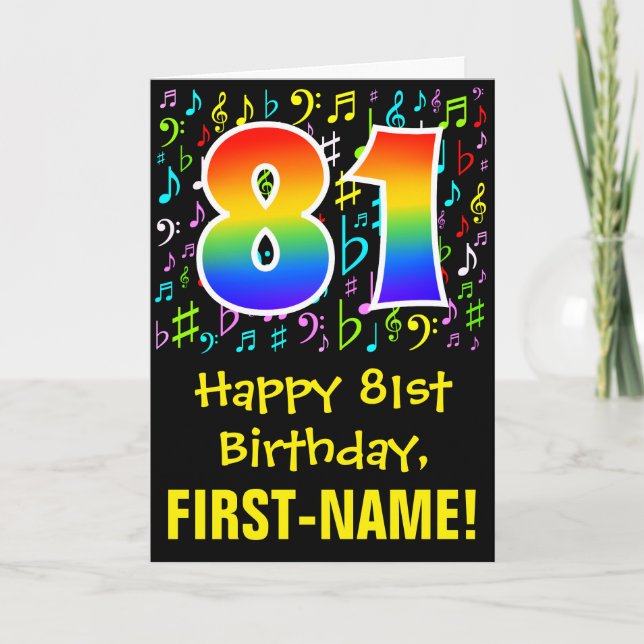Tarjeta Cumpleaños 81: Símbolos musicales coloridos + arco (Anverso)
