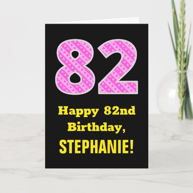 Tarjeta Cumpleaños 82: Bandas rosas y corazones "82" + Nom (Anverso)