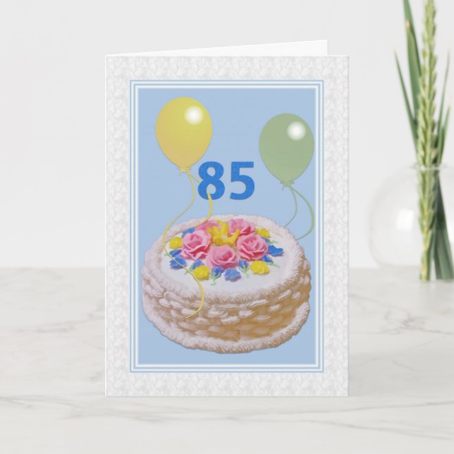 Tarjeta Cumpleaños, 85o, torta y globos (Anverso)