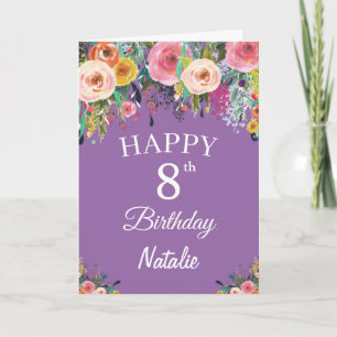 Tarjeta Cumpleaños 8 AñOS Acuarela Floral Flores Púrpura