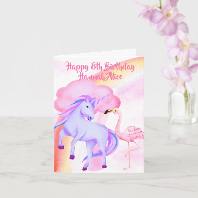 Tarjeta Cumpleaños 8 de niñas Unicornio Arcoíris Flamenco (Orquídea)