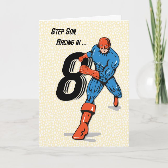 Tarjeta Cumpleaños 8 del Hijastro Superhéroe (Anverso)