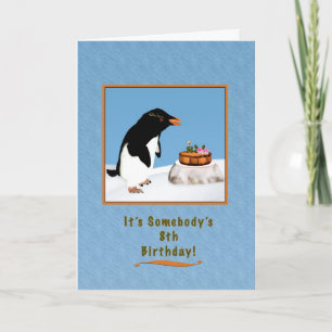 Tarjeta Cumpleaños, 8, Pingüino y Pastel cómico