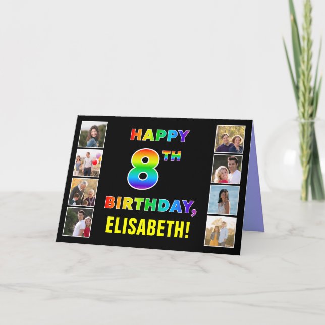 Tarjeta Cumpleaños 8: Texto Arcoíris, Fotos Personalizadas (Anverso)