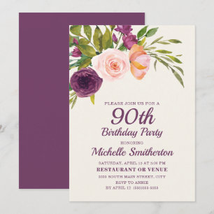 Tarjeta Cumpleaños 90 Burgundy Purple Blush Pink Floral