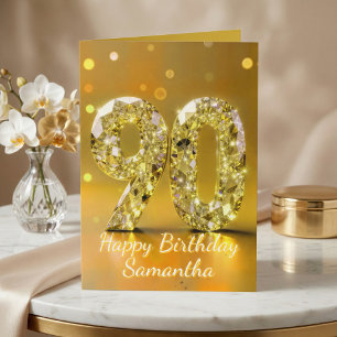 Tarjeta Cumpleaños 90 Elegante Lujo Brillante Diamante Dor