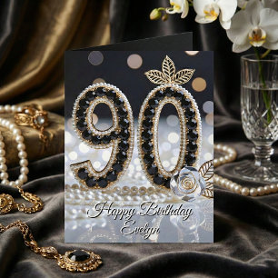 Tarjeta Cumpleaños 90 Elegantes Joyas Negras Perlas Y Oro