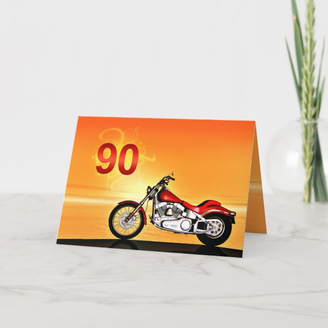 Tarjeta Cumpleaños 90 en moto al atardecer (Anverso)