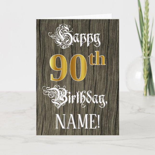 Tarjeta Cumpleaños 90: Faux Gold Look + Faux Wood Pattern (Anverso)