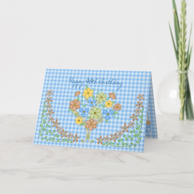 TARJETA CUMPLEAÑOS - 90 - GINGHAM AZUL/FLORES (Anverso)
