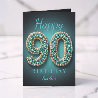 Tarjeta Cumpleaños 90 glamuroso con perla azul verdoso y d