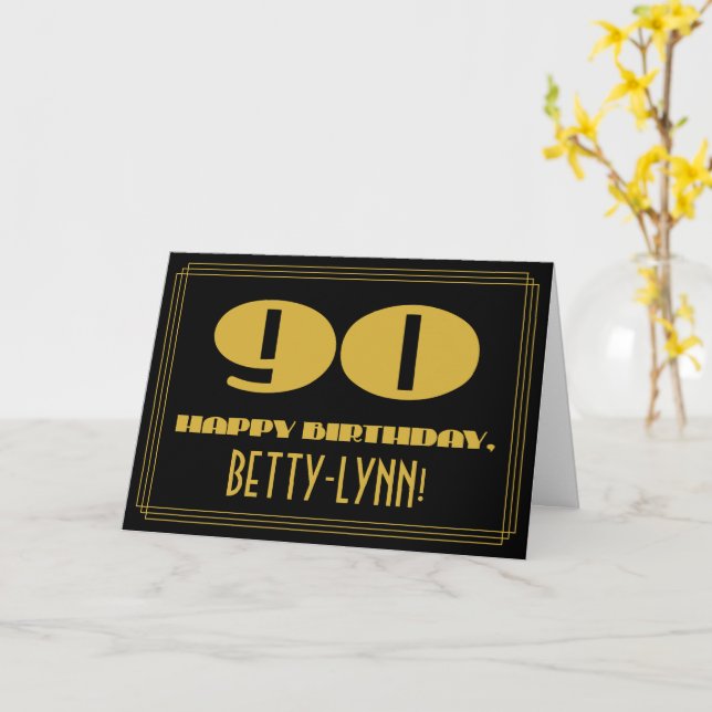 Tarjeta Cumpleaños 90: Nombre + Art Deco Inspirado Aspecto (flor amarilla)