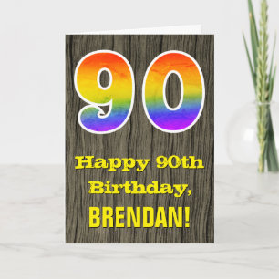 Tarjeta Cumpleaños 90: Rustic Faux Wood Look, Rainbow "90"
