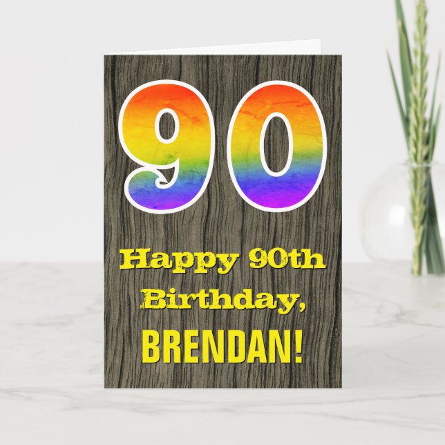 Tarjeta Cumpleaños 90: Rustic Faux Wood Look, Rainbow "90" (Anverso)