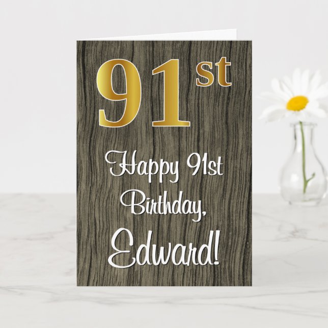 Tarjeta Cumpleaños 91: Elegante Faux Gold Look #, Faux Woo (Planta pequeña)