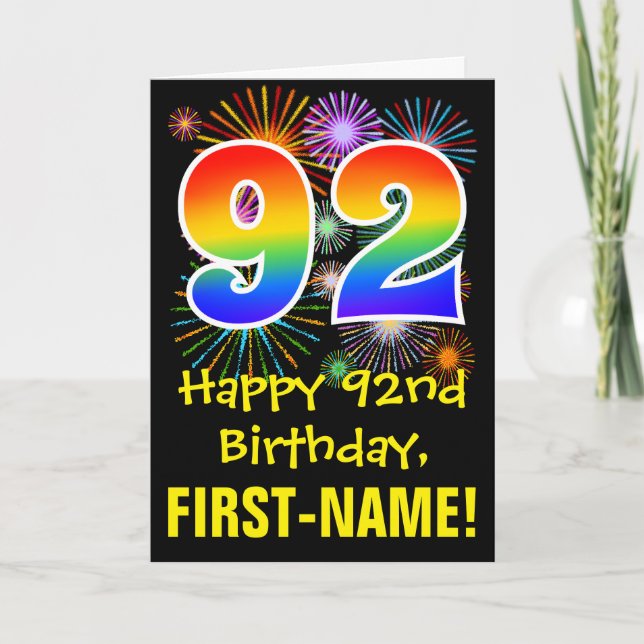 Tarjeta Cumpleaños 92: Patrón Divertido de Fuegos Artifici (Anverso)