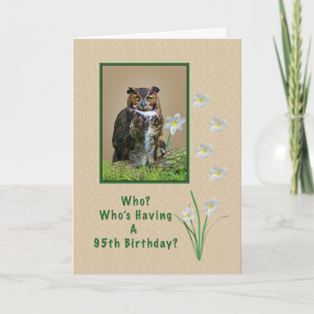 Tarjeta Cumpleaños 95, gran búho y flores (Anverso)