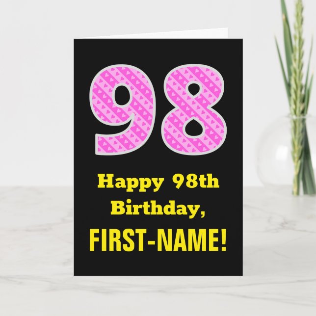 Tarjeta Cumpleaños 98: Bandas rosas y corazones "98" + Nom (Anverso)