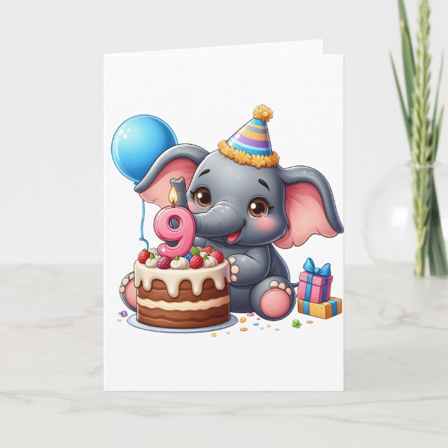 Tarjeta Cumpleaños 9 de elefante lindo (Anverso)