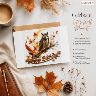 Tarjeta Cumpleaños Abstracto Otoño Búho Hojas de Otoño Mod