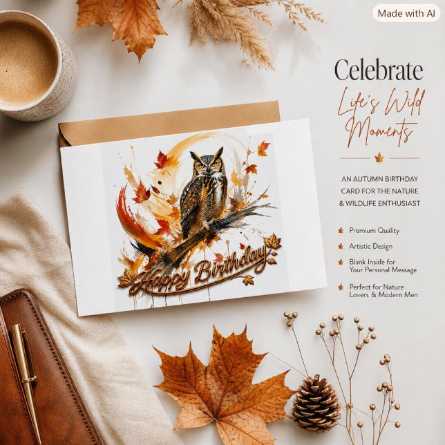 Tarjeta Cumpleaños Abstracto Otoño Búho Hojas de Otoño Mod (Subido por el creador)
