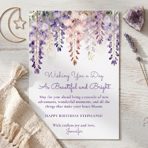 Tarjeta Cumpleaños adulto floral de glicina morada acuarel