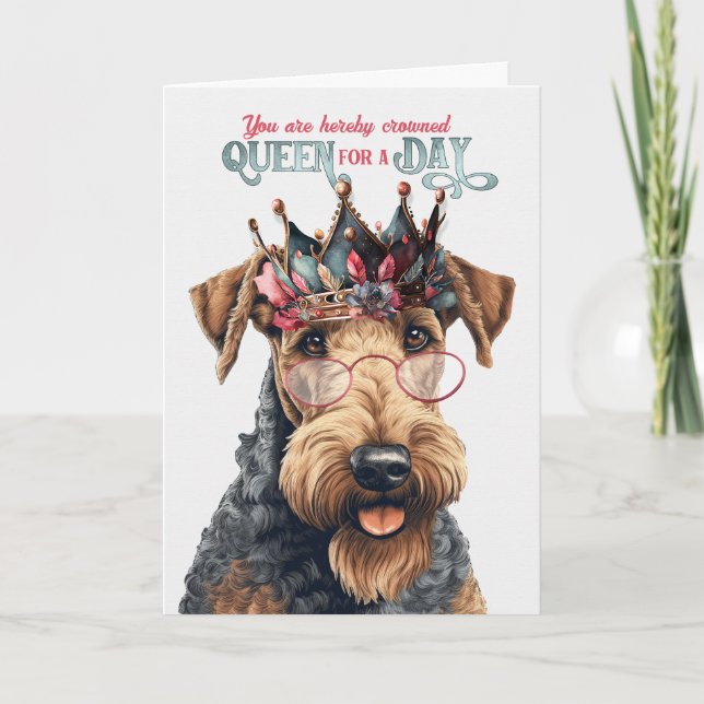 Tarjeta Cumpleaños Airedale Terrier Dog Queen por un día (Anverso)