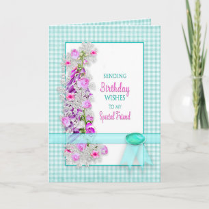 Tarjeta Cumpleaños,Amigo, Flores de jardín en Gingham