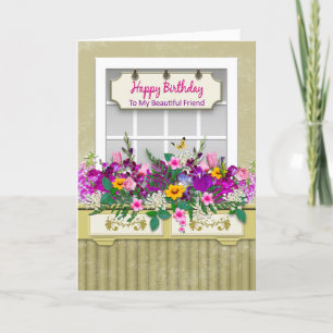 Tarjeta Cumpleaños, amigo, flores en caja de ventana
